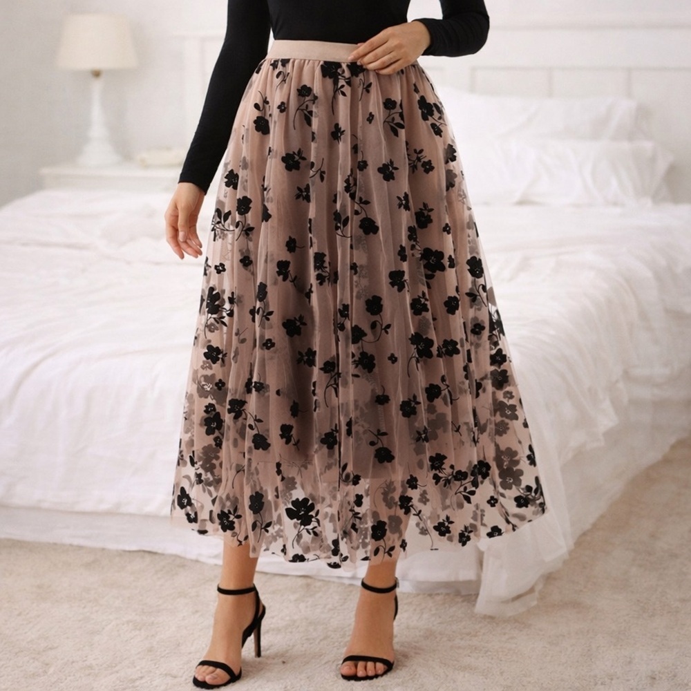 👉 Women Floral Tulle Midi Skirt High Waist A Line Dressy Casual Size (S-M)